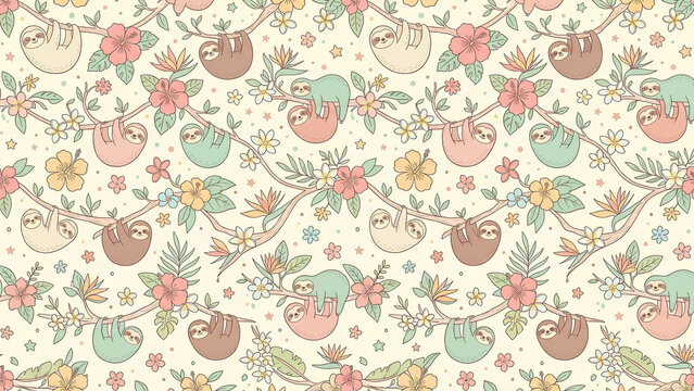 Seamless pattern with cute sloths and tropical flowers.
