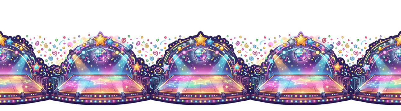 Vibrant disco dance floor with disco ball. stars. spotlights and confetti. festive party border