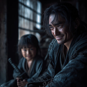 Battered samurai shielding a child indoors / dramatic cinematic still
