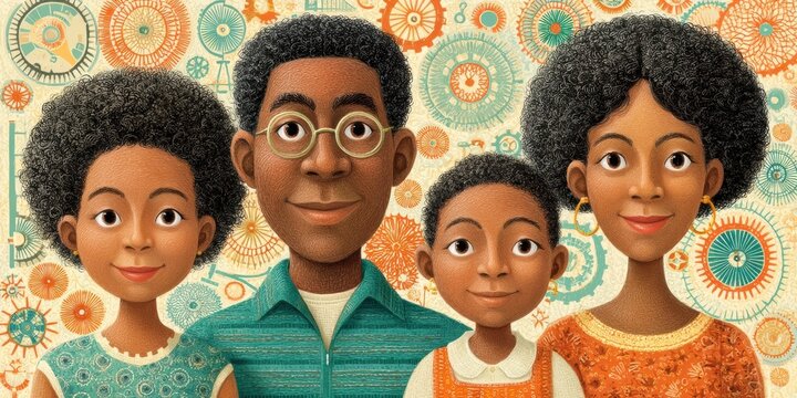 Cartoon family celebrates black history month sharing stories and symbols in a vibrant home environment