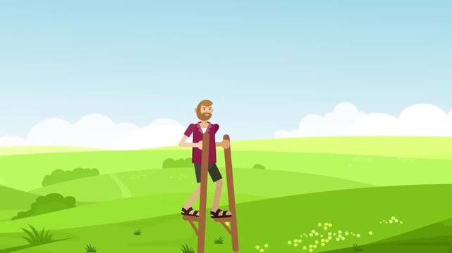 2D Animated Man Walking on Tall Wooden Stilts Across Open Green Meadow Landscape Flat Vector Character Animation Footage