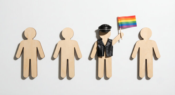 ​Four wooden figures stand in a row; one wears a leather vest and cap, holding a rainbow pride flag while the others are plain.