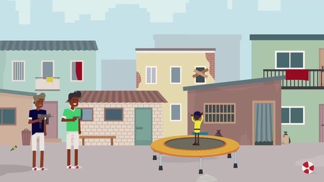 2D Animated Young Men and Kids Hanging Out in Urban Neighborhood Street with Trampoline Flat Vector Character Animation Footage