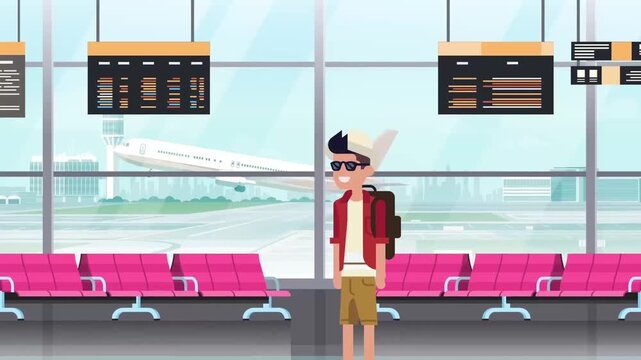 2D Animated Male Traveler with Backpack Standing in Airport Departure Lounge Waiting Area Flat Vector Character Animation Footage