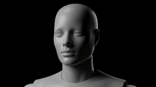 A 3D render of a grey humanoid mannequin head and shoulders against a solid black background.
