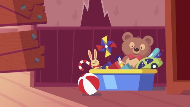 2D Animated Dusty Attic Room Interior Filled with Old Vintage Toys Teddy Bear and Beach Ball Flat Vector Motion Graphics Animation Footage