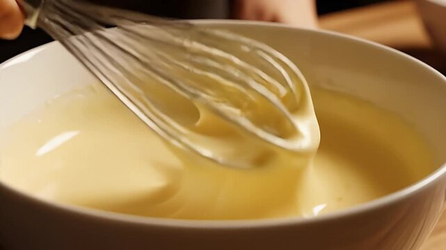 Hand whisking creamy yellow mixture in white bowl close-up