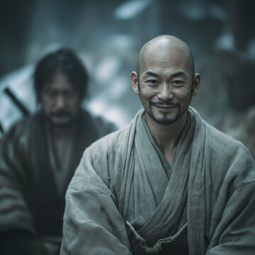 Weathered monk in robes gazing calmly / cinematic still

