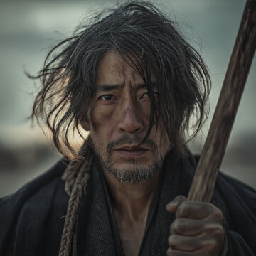 Weathered ronin with disheveled hair and a sword / cinematic portrait

