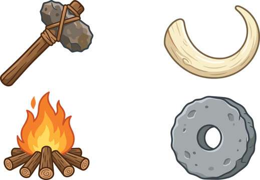 Prehistoric Stone Age Primitive Tools Vector Set Featuring Caveman Stone Axe Bonfire Extinct Animal Ivory Tusk and Round Stone Wheel Elements