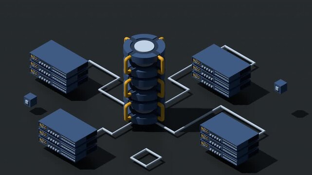3D isometric cloud database animation. Database with cloud server. Cloud storage. Data transmission technology. Isometric technology. 4K video animated in isometric style