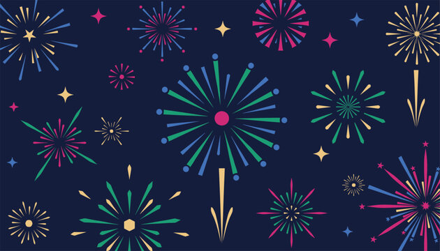 Seamless repeating pattern of vibrant colorful fireworks exploding in a dark midnight sky backdrop.