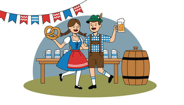 Couple in traditional Bavarian clothes dancing and celebrating Oktoberfest festival with beer and a pretzel.