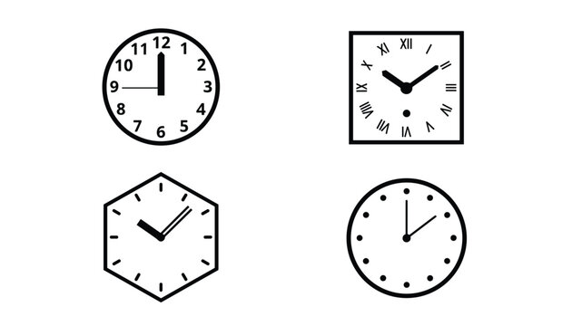 Collection of four classic clock designs in different geometric shapes including round, square, and hexagonal.