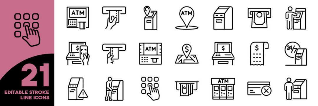 Set of 21 outline icons related to atm. Linear icon collection. Editable stroke. Vector illustration