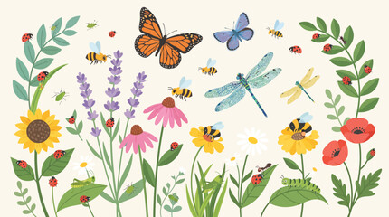 Vibrant Garden Insects and Flowers: Butterflies, Bees, Ladybugs, Dragonflies © rian