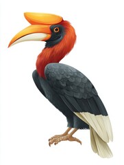 Obraz premium Illustration Of A Rufous Necked Hornbill Bird With Orange Casque And Black Feathers Against White