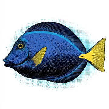 Illustrated Blue Tang Fish With Vibrant Yellow Fins And Tail On A White Background