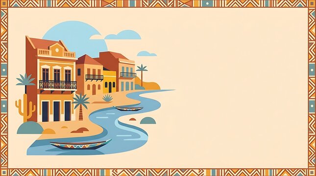 Tropical coastal village with colonial houses and traditional boats