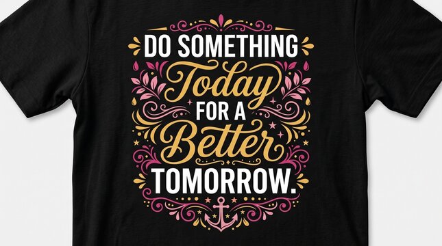 T-shirt displaying an ornate typographic quote encourages individuals to do something today for a better tomorrow as a reminder of the power of consistent positive actions in daily life.