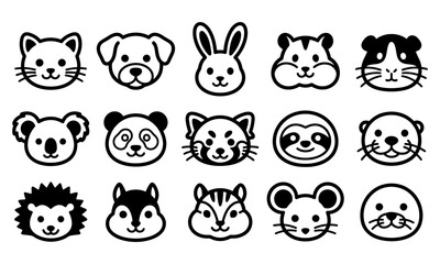 Obraz premium Cute hand drawn animal face icons vector set featuring various forest and domestic creatures in simple black line art