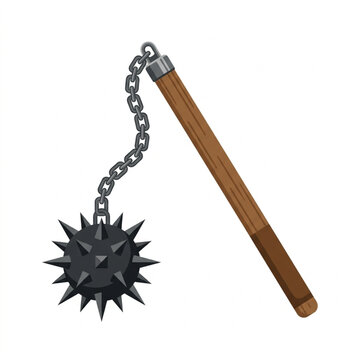 A 2D vector illustration of a medieval spiked flail weapon featuring a wooden handle and metal chain.