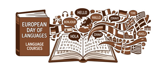 Open Book with Multilingual Greetings and Flags © Lisun