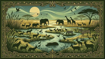 Obraz premium African wildlife gathered at savanna river with ornate border