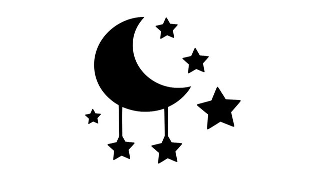Black crescent moon with hanging stars.