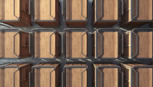 Aerial view of stacked wooden crates in a warehouse, logistics and storage concept