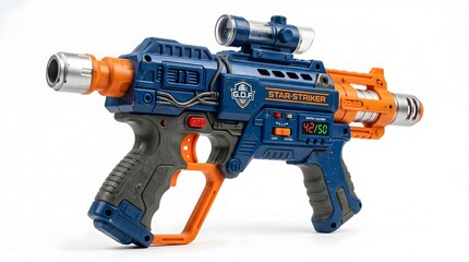 Naklejka premium Futuristic blue and orange toy blaster with scope on white background