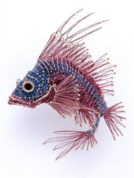 Intricate Embroidery Of A Blue And Red Tropical Fish On A Clean White Background