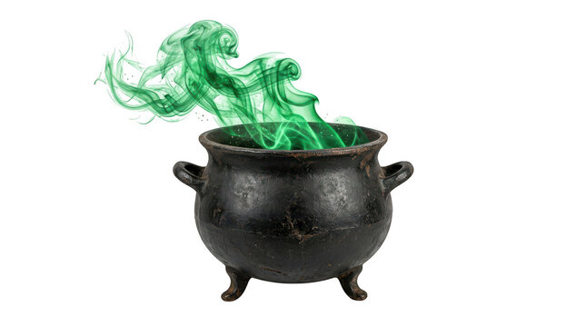 Black witch cauldron with bubbling green magic potion and smoke isolated on transparent background