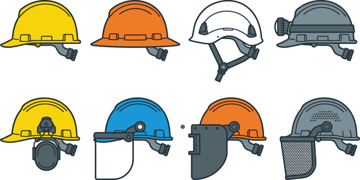 Industrial Safety Helmet Collection with Construction Hard Hats, Face Shield, Hearing Protection, and Protective Work Gear Vector Illustration Set