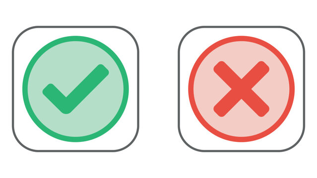 Green checkmark and red cross icons in rounded squares, transparent background.