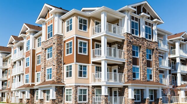 Contemporary apartment building showcases multiple balconies, detailed stonework, and various architectural elements.