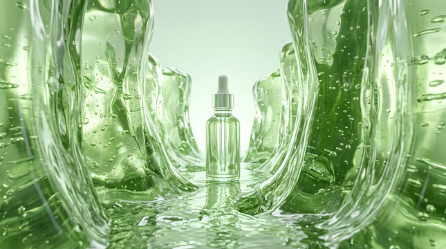 Surreal sensory botanical wellness still life with an unbranded glass serum bottle, tactile organic textures, vivid colors and cinematic light. AI Generated.