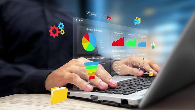 Global Supplier Dashboard, Procurement Pipeline and Approval Stages Funnel. Vendor Managing SCM Dashboard Interface on Laptop. Business Process Tracking, Analytics, Automation, Enterprise Operations