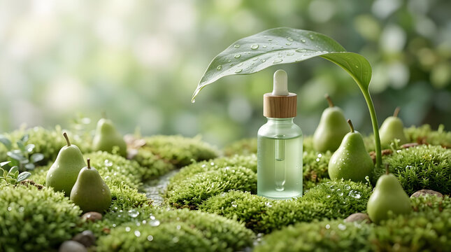 Surreal sensory botanical wellness still life with an unbranded glass serum bottle, tactile organic textures, vivid colors and cinematic light. AI Generated.