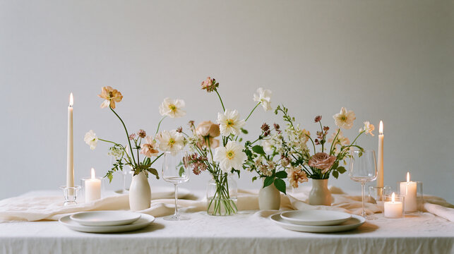 Minimal luxury tablescape with seasonal bud vases reusable vessels and linen showcasing sustainable floristry and refined event design