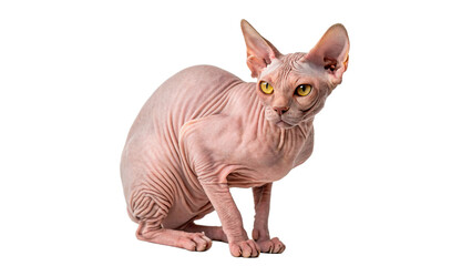 Cute wild hairless sphinx cat sitting isolated on transparent background for domestic pet care © Ivanka