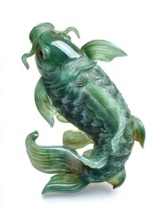 Fototapeta premium Intricate Green Jade Koi Fish Sculpture Carving On A Pure White Background