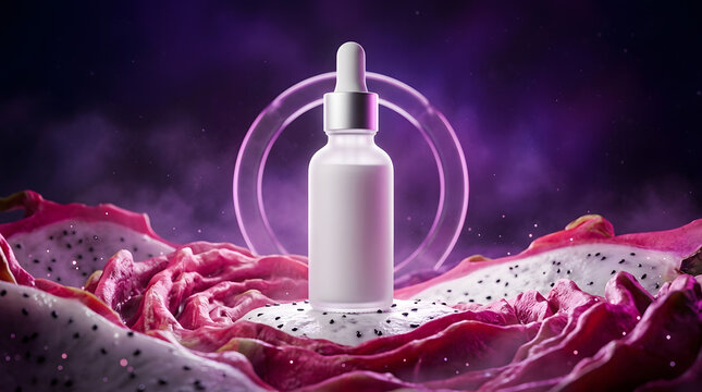 Surreal sensory botanical wellness still life with an unbranded glass serum bottle, tactile organic textures, vivid colors and cinematic light. AI Generated.