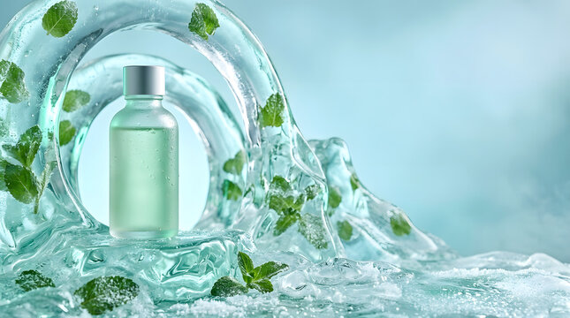 Surreal sensory botanical wellness still life with an unbranded glass serum bottle, tactile organic textures, vivid colors and cinematic light. AI Generated.
