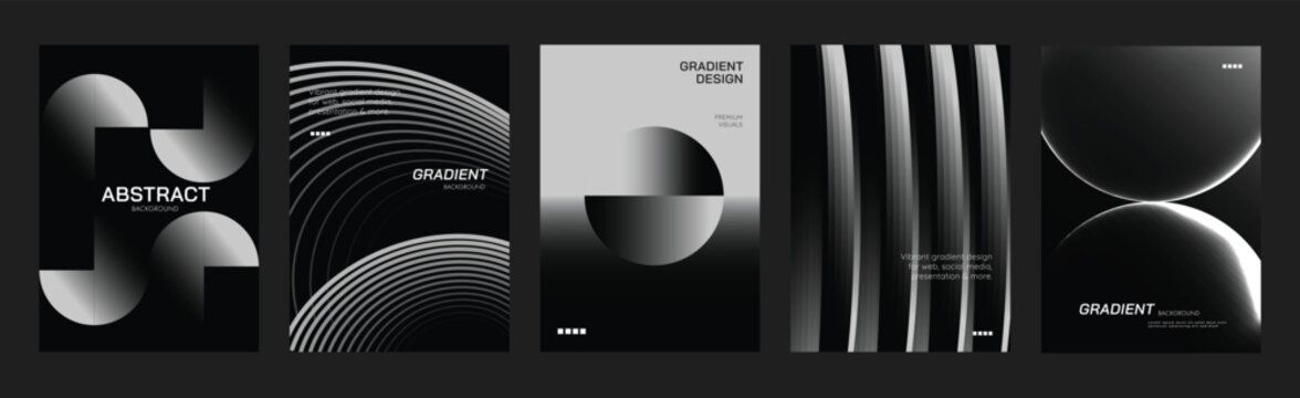 Abstract monochrome poster background vector set. Modern cover template with black and white perspective geometric prism shape, dot halftone. Ideal design for social media, banner, ads.