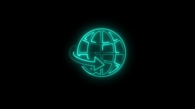 Neon glowing globe with rotating arrow animation for global connectivity and digital communication concepts