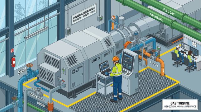 Isometric Power Plant Gas Turbine Maintenance and Control Room Vector Illustration
