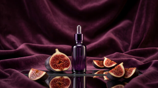 Surreal sensory botanical wellness still life with an unbranded glass serum bottle, tactile organic textures, vivid colors and cinematic light. AI Generated.