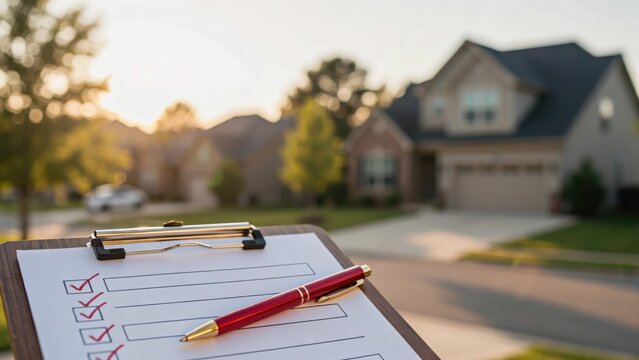 Clipboard with checklist and pen in front of blurry suburban house for home inspection and real estate appraisal