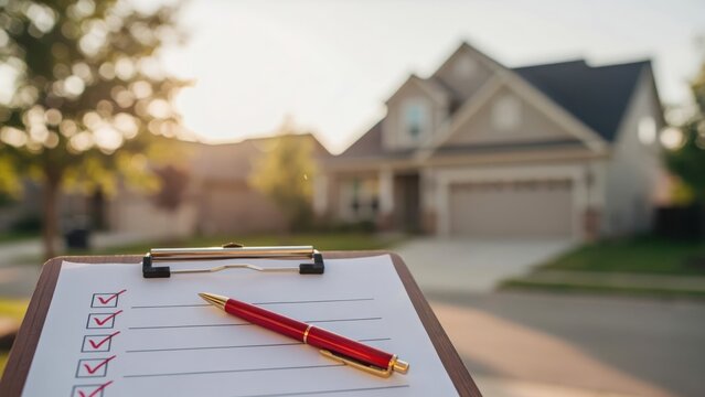 Real Estate Checklist on Clipboard with Pen in Front of a Modern House